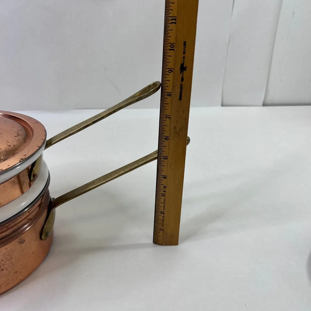 Vintage Copper Clad Double Boiler Porcelain Insert Brass Handles Outeiro 889